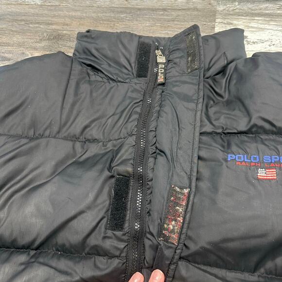 Vintage 90s Polo Sport Ralph Lauren Black Blue Mens XL Zip Up Down Puffer Jacket - Picture 11 of 13